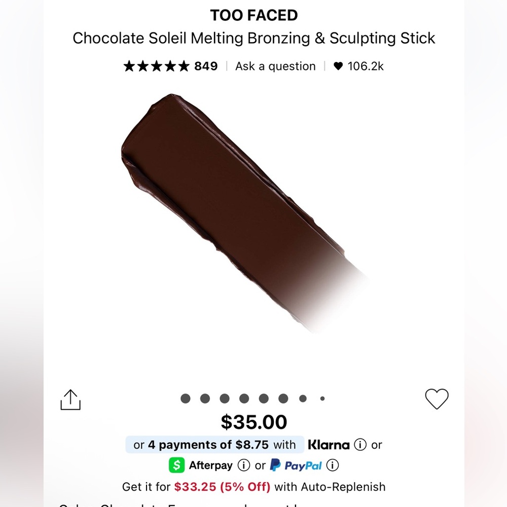 Too Faced Chocolate Soleil Melting Bronzing & Sculpting Stick Choc Espresso - Picture 3 of 3
